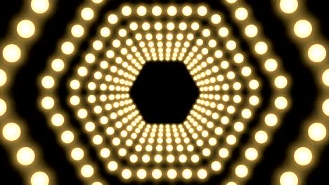 cuadro de caja de bombilla incandescente de túnel forma hexagonal patrón móvil, retro 3d estilo virtual ilustración brillo en fondo oscuro animación de bucle sin costuras 4k, con espacio de copia