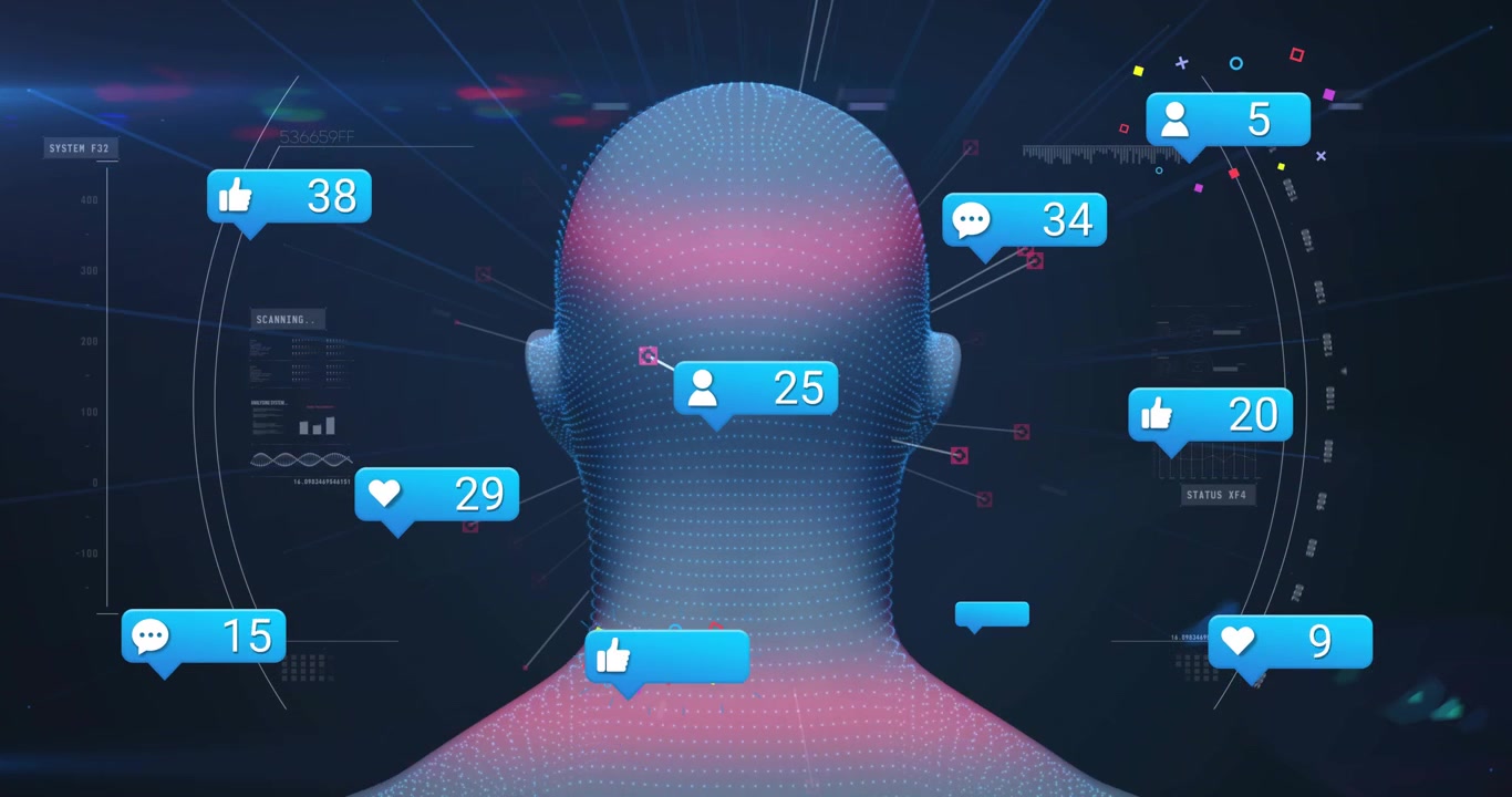 Avvio della scansione, mesh della testa che ruota e raccoglie metriche sociali per visualizzare la crescita dell'engagement.