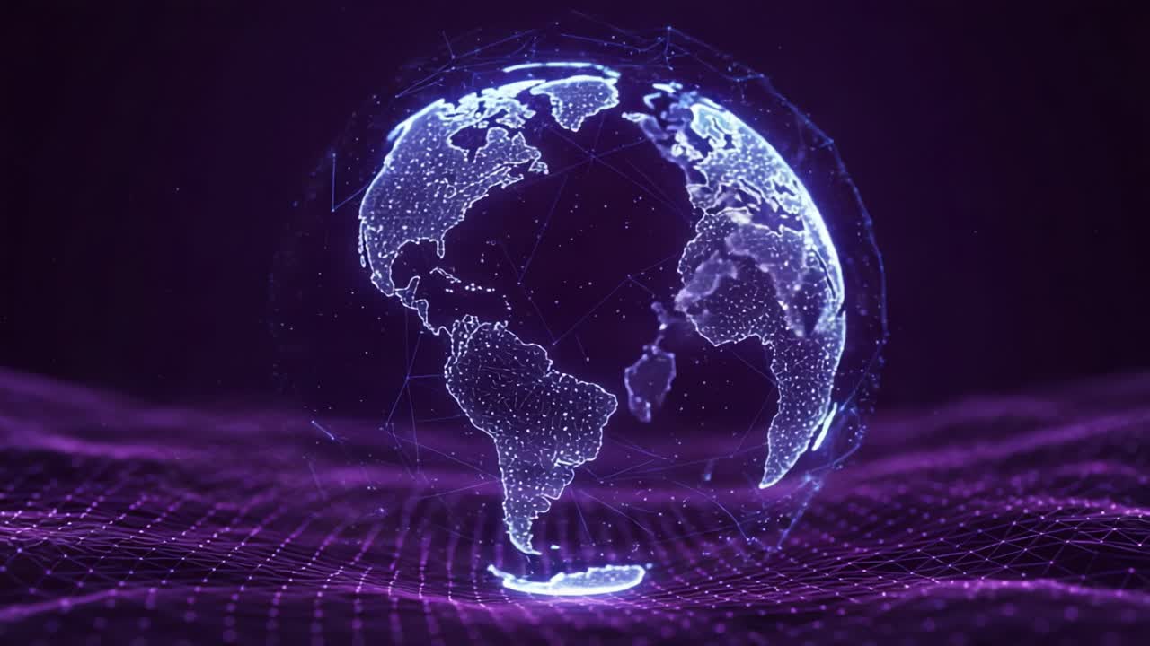 A Stunning Digital Globe Visualization Showcasing the Earth's Continents and Oceanic Borders in a Futuristic Purple Light Environment