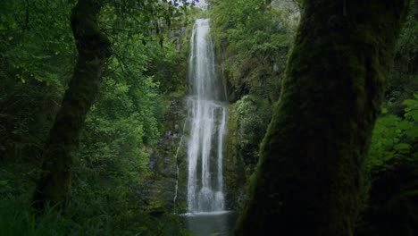 Zeitlupenaufnahme-Eines-Wunderschönen-Wasserfalls-In-Einem-Wald-In-Spanien