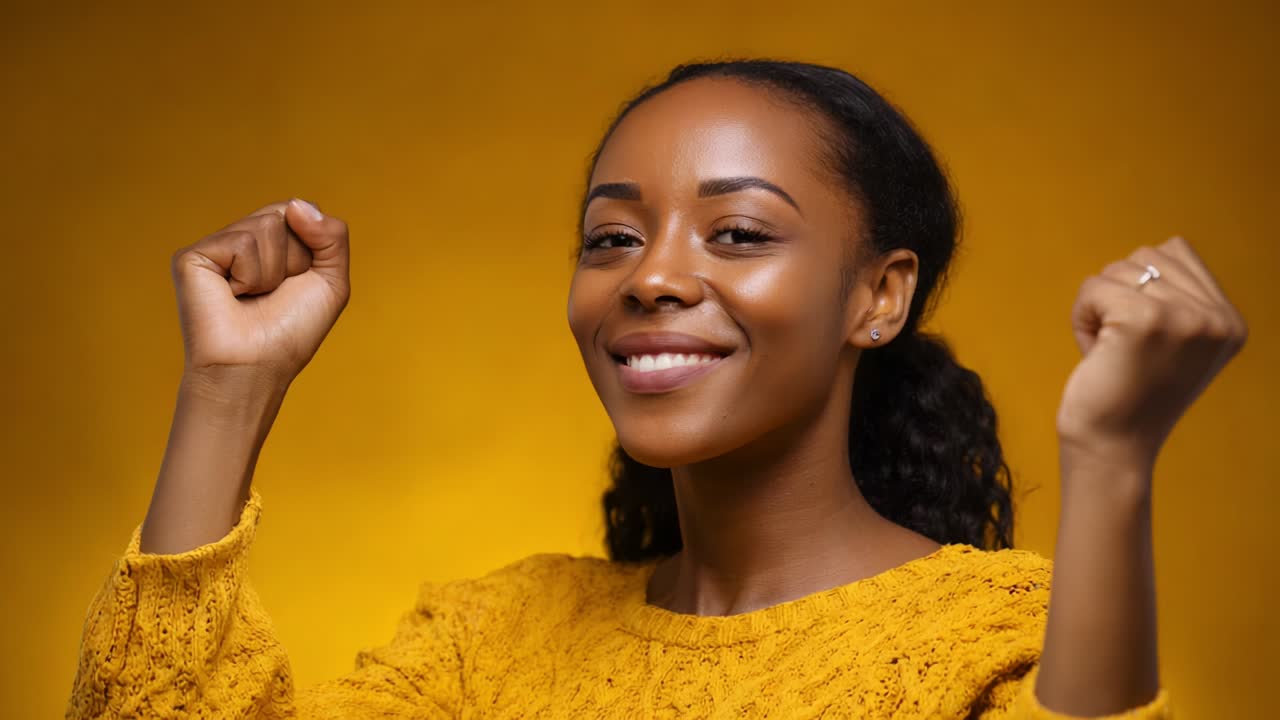 A joyful woman celebrating success with her fists raised in the air, showcasing her happiness and satisfaction against a vibrant yellow background, radiating positivity and triumph