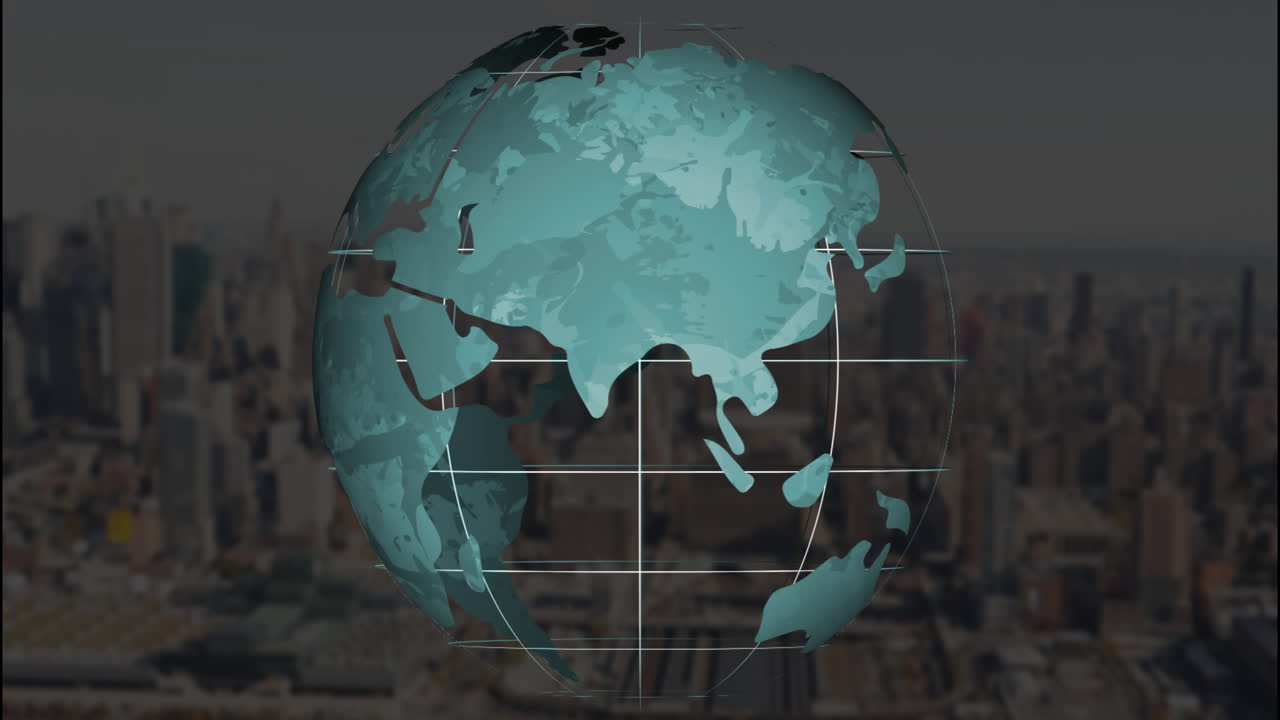 Rotating globe animation with cityscape background in focus, showcasing urban life