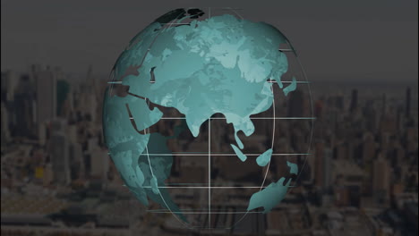 rotating globe animation with cityscape background in focus, showcasing urban life