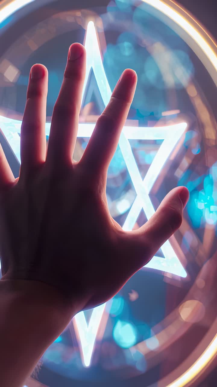 Vertical video: Reaching adult hand hovering over LED star in dim studio, trying to touch glass