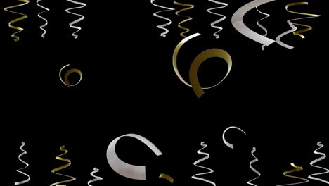 Animation of gold and silver party streamers on black background