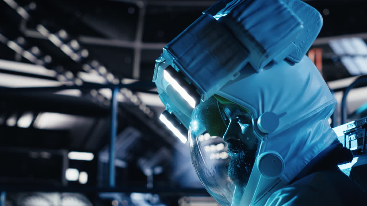 Exhausted astronaut falling asleep in starship during long distance flight