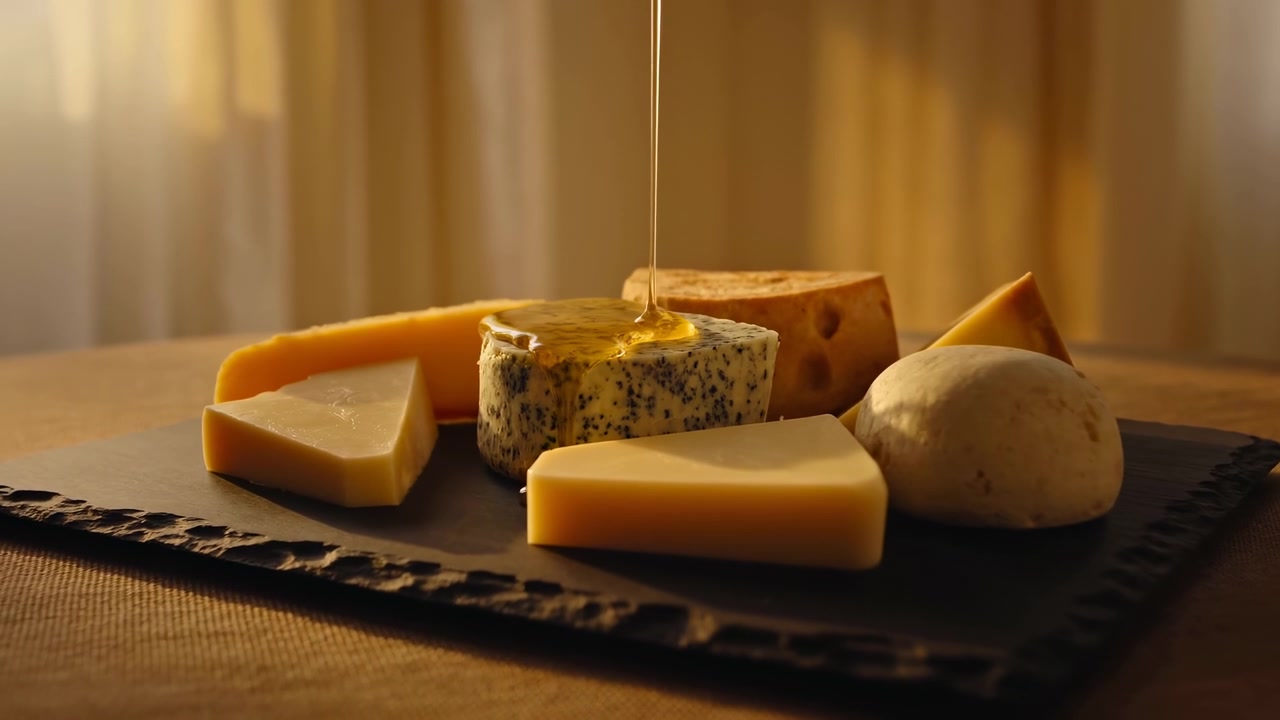 Sottile filo di miele dorato che cola su una forma di formaggio rotonda cosparsa di erbe aromatiche, accanto a pezzi di formaggio assortiti su ardesia scura, con luce interna calda, texture ricca e una presentazione gourmet accogliente.