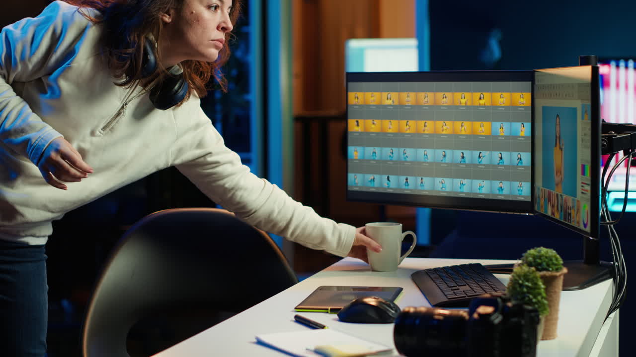 fotógrafo bebiendo café, llegando al estudio