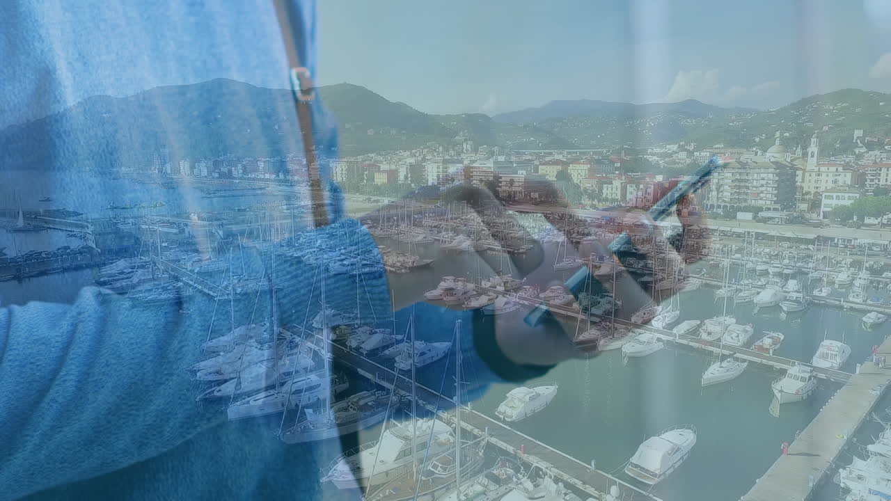 도시 풍경 위에서 스마트폰을 사용하는 사람의 애니메이션