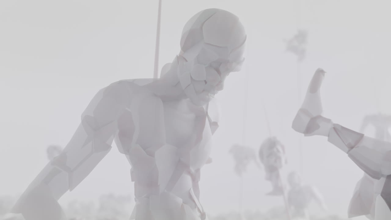 Destroyed android shells on spikes on a foggy junkyard