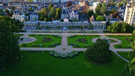 approaching aerial movement to the parc du thabor with botanical gardens, rennes, france