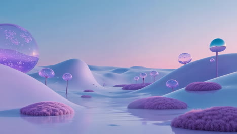 dreamy pastel fantasy landscape with spheres and fluffy mounds