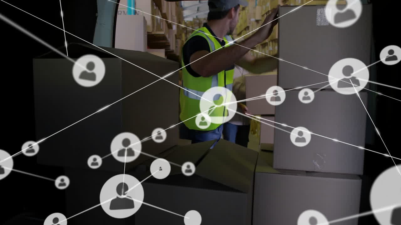 Organizing boxes in warehouse, worker with network connections animation overlay