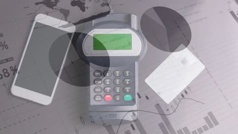 animación del procesamiento de datos financieros a través de terminales de tarjetas de crédito, smartphones y tarjetas de crédito