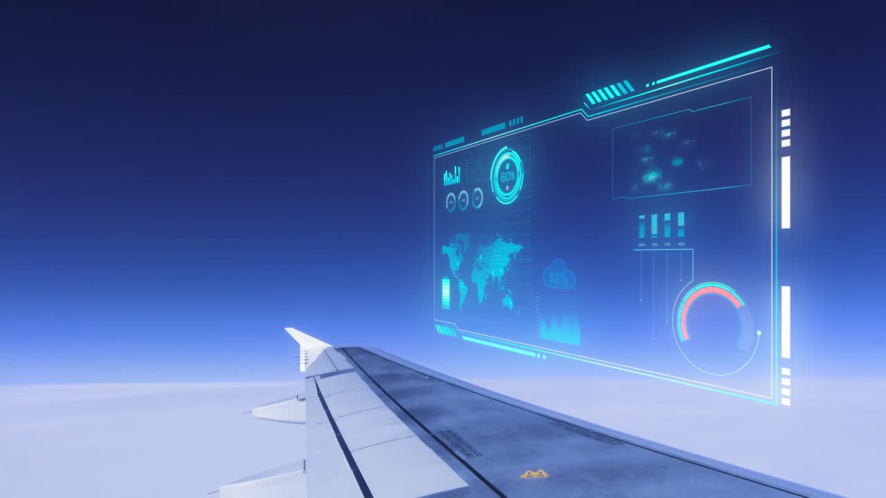 ala de avión y hud superpuesto que muestra datos del vuelo actual