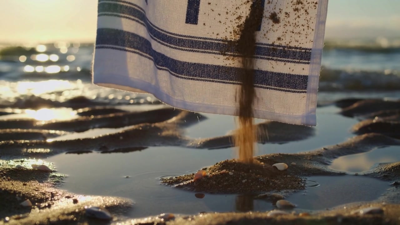 Un asciugamano a strisce blu che si sposta, perdendo sabbia dai bordi in una pozza di marea con la bassa marea, formando un cumulo.