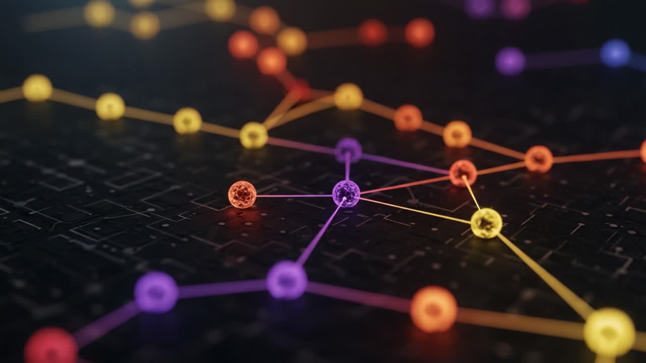 An Intricate Visualization of a Colorful Network of Nodes and Connections, Representing Complexity in Data Structures and Computational Relationships