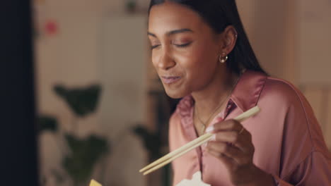 happy, eating and chinese food delivery of a woman