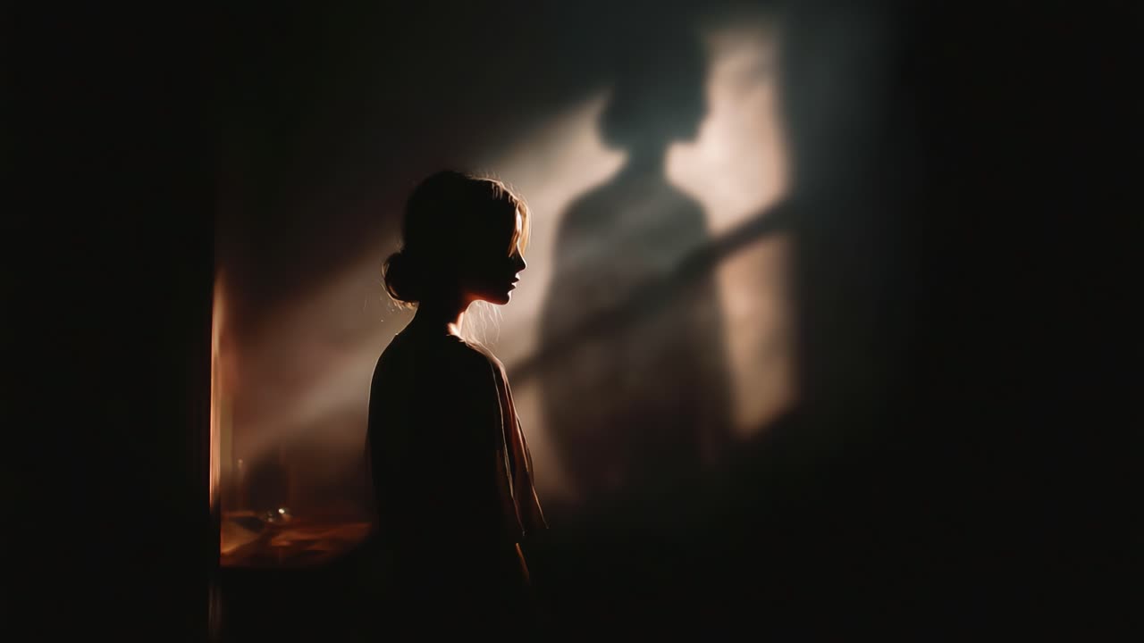 A Captivating Scene of a Young Woman in Shadow, Reflecting an Air of Mystery and Emotion as Soft Light Streams Through, Creating a Haunting Silhouette on the Wall Behind Her