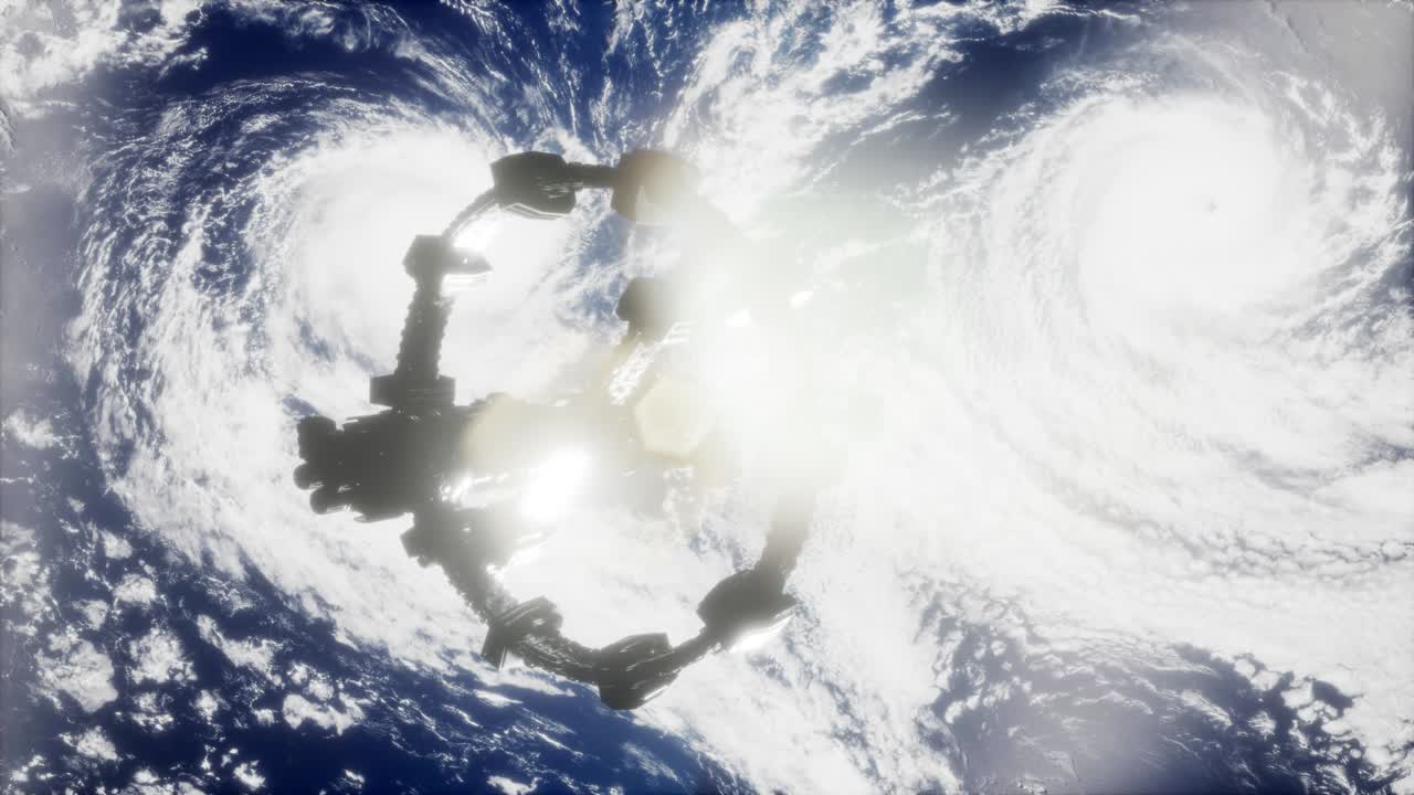 지구와 우주선의 모습. iss는 지구를 공전하고 있습니다.