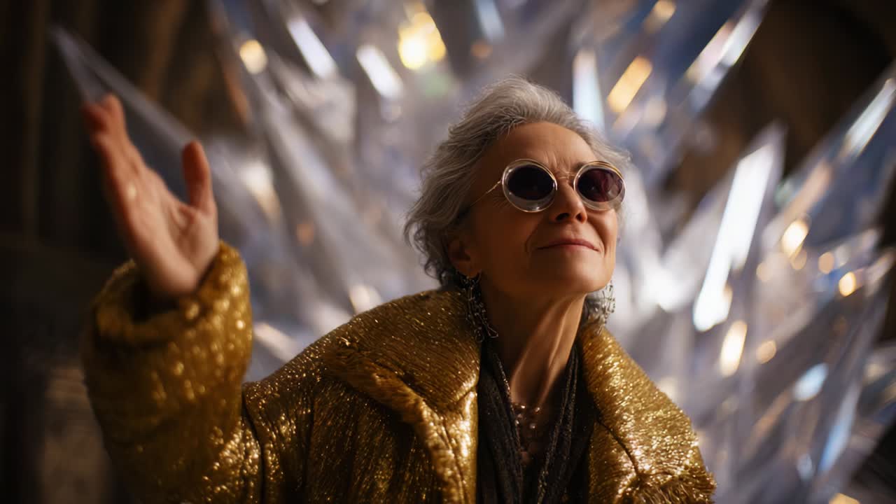 This captivating image showcases an elegantly dressed woman with silver hair wearing stylish sunglasses and a shimmering golden jacket, radiating confidence against a backdrop of sparkling crystal-like formations