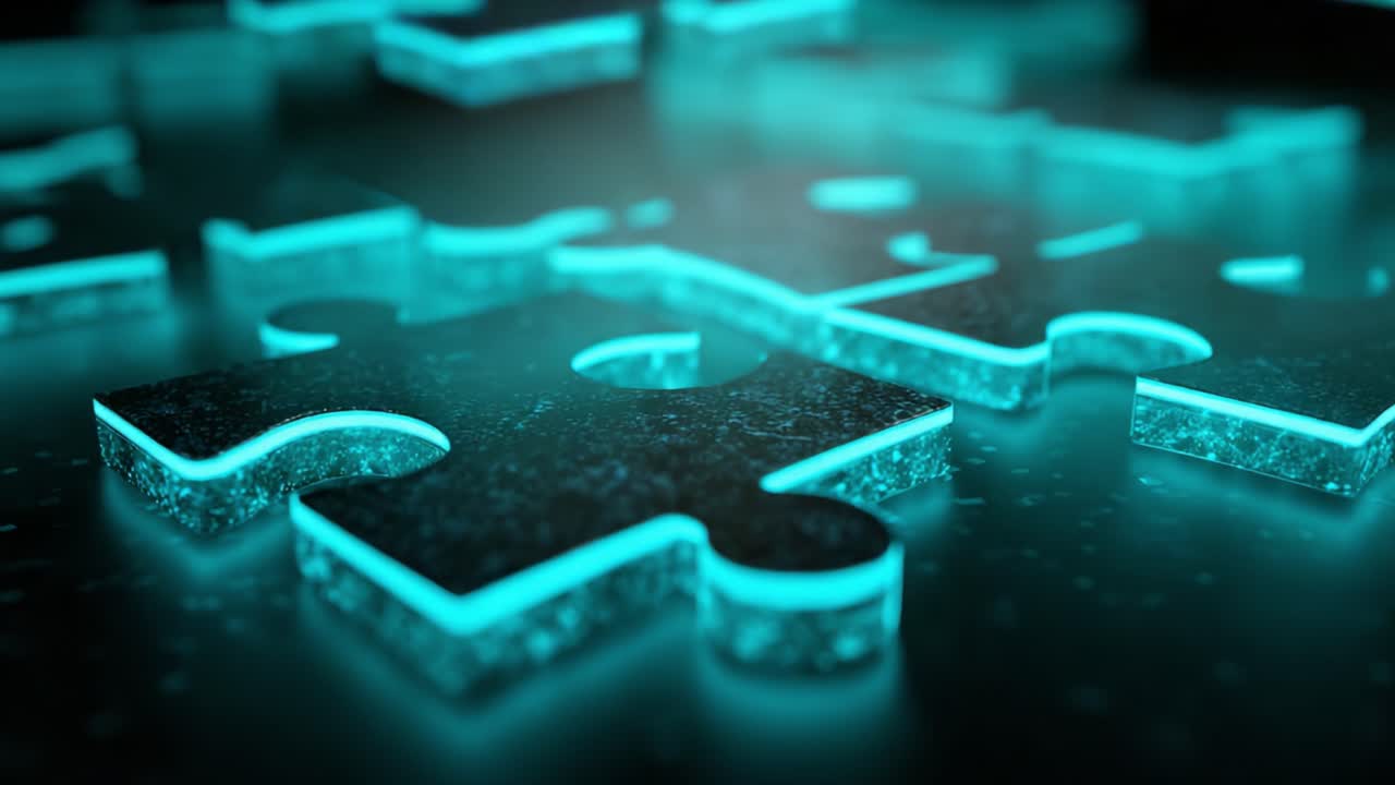 Scattered jigsaw puzzle pieces glowing with a vibrant turquoise light on a reflective dark surface, symbolizing connection, strategy, problem solving, and the final solution of a complex challenge