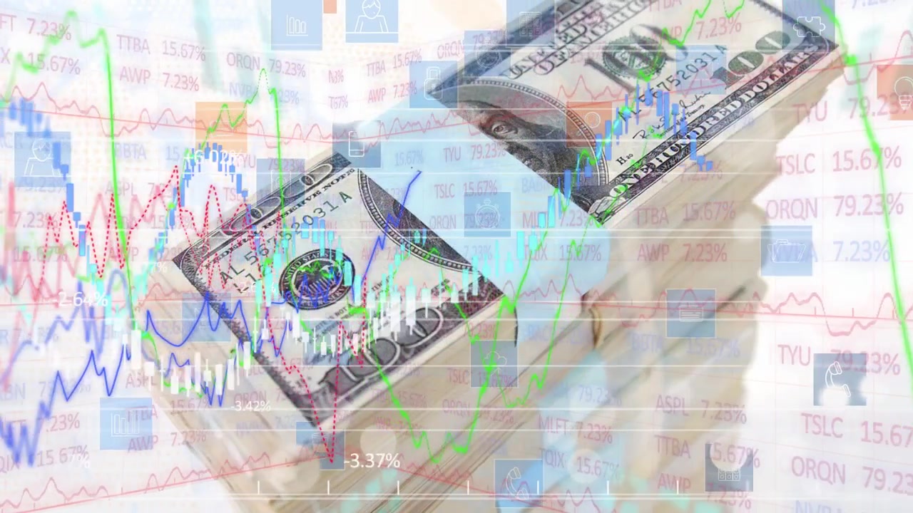 Tangan masuk dari kiri, menarik kembali, menyentuh tumpukan uang dolar AS, dengan grafik yang naik menunjukkan tren pasar.