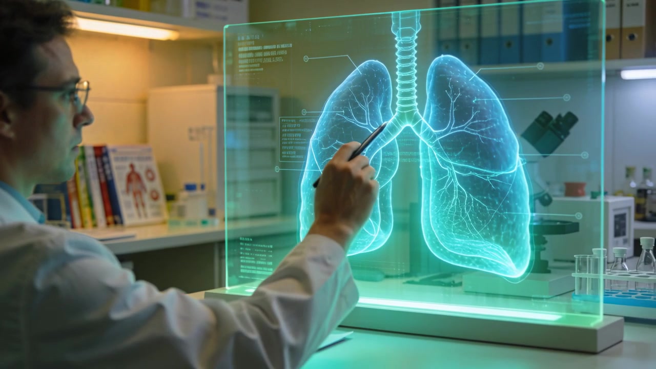 Ricercatore in camice da laboratorio che tocca con uno stilo, spostando ologrammi di polmoni su un banco, tracciando le vie aeree per l'analisi.
