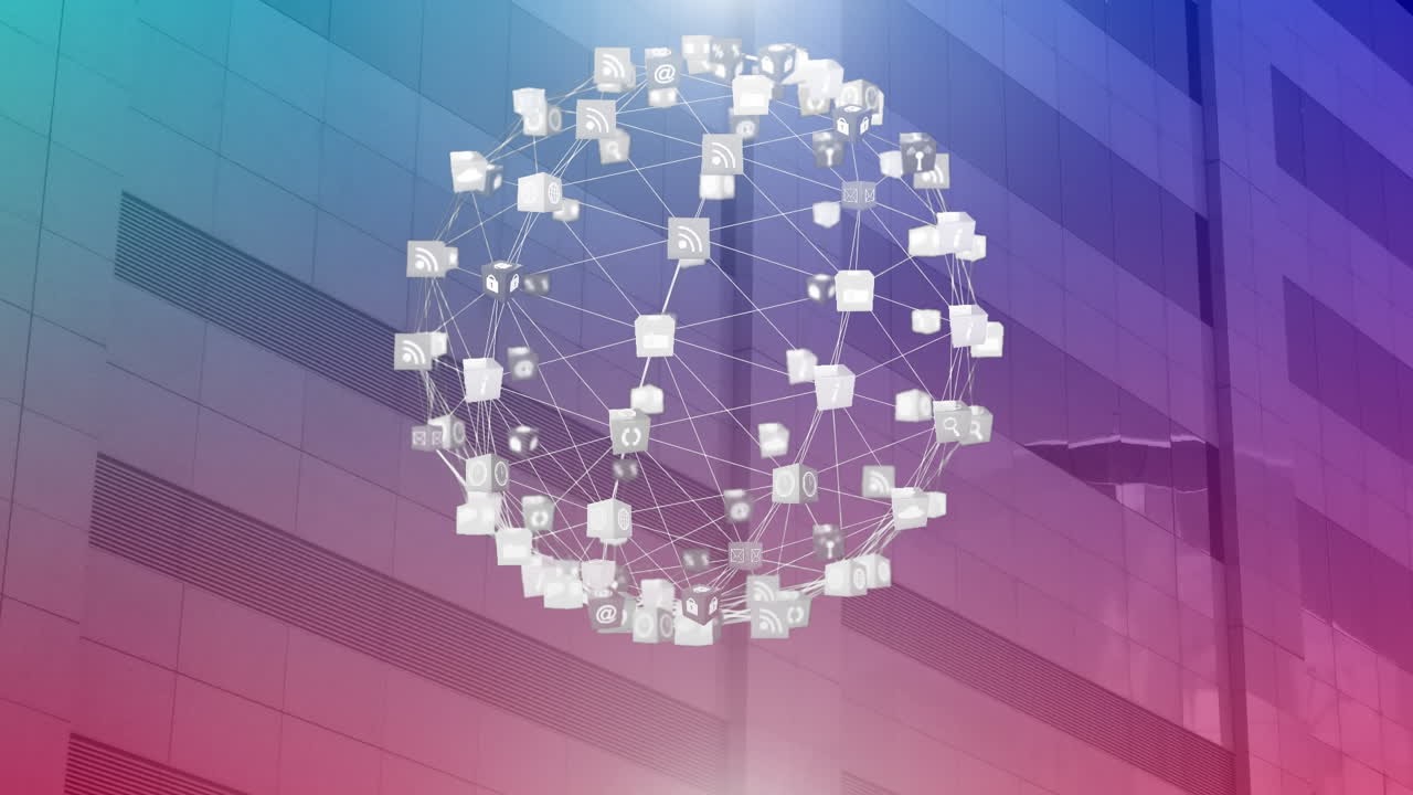 보라색 배경에 현대적인 건물에 대한 연결 네트워크와 함께 지구의 애니메이션