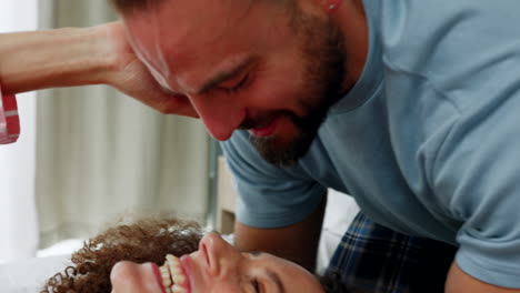 Love,-funny-and-home-couple-on-bed-bonding