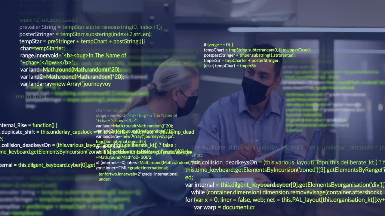 animación de lenguaje informático sobre compañeros de trabajo caucásicos con máscaras discutiendo informes