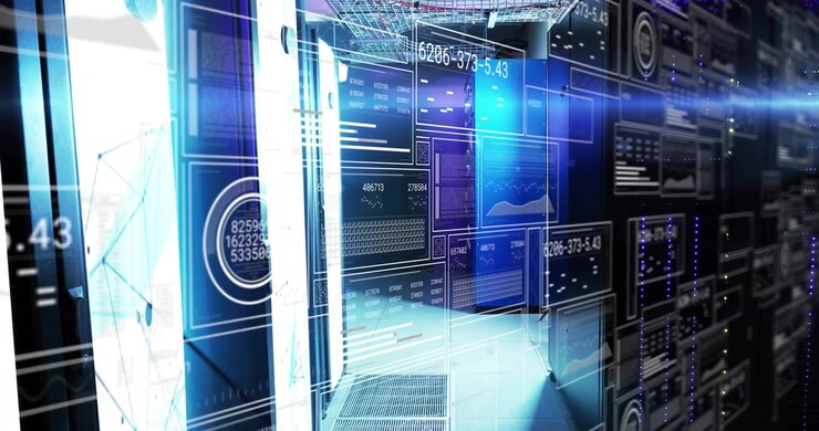 Data center corridor showcasing glowing servers, with floating digital data panels and cable trays