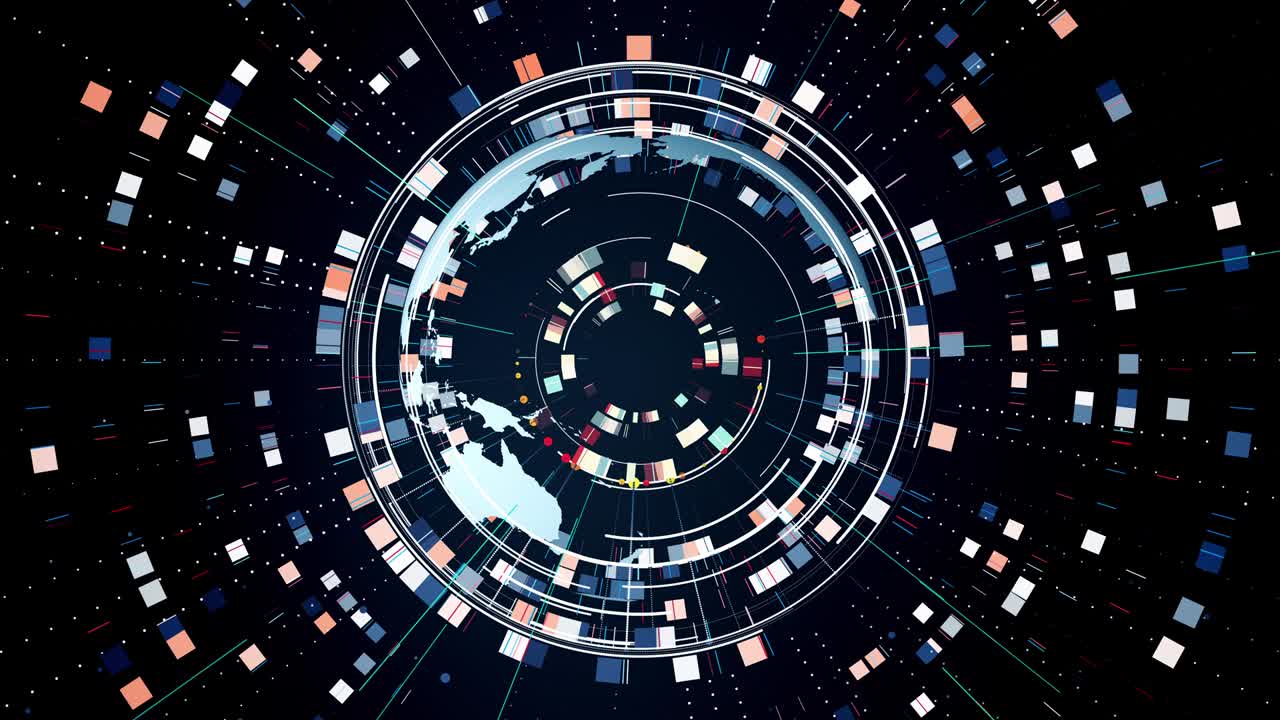 많은 모양의 기술 배경에서 회전하는 지구 지도와 함께 선 점