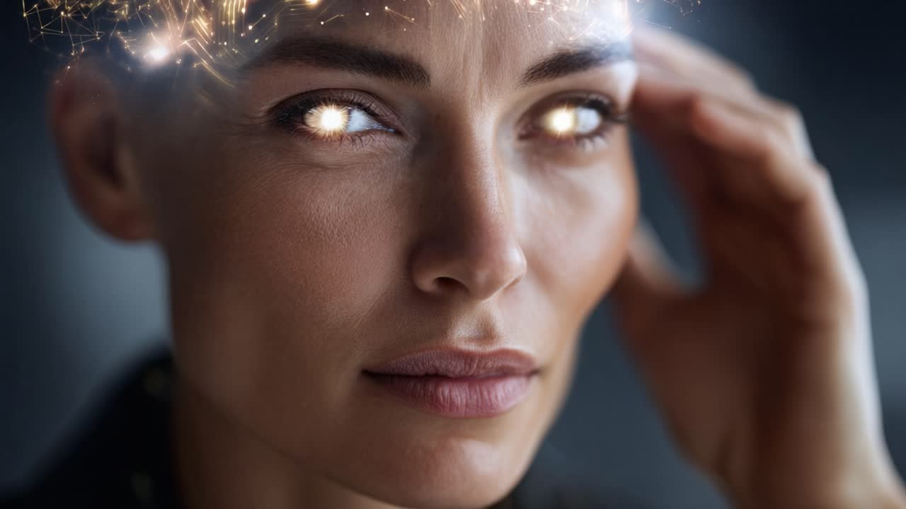 Un retrato futurista de una mujer con ojos brillantes y un cerebro electrónico radiante, simbolizando la fusión de tecnología e inteligencia humana en una cautivadora exhibición visual.