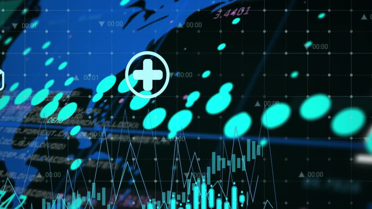 디지털 아이콘의 애니메이션과 검은색 배경에 대한 세계 지도에 대한 데이터 처리