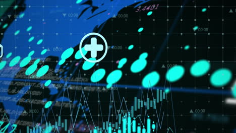 animación de iconos digitales y procesamiento de datos sobre el mapa del mundo contra un fondo negro.