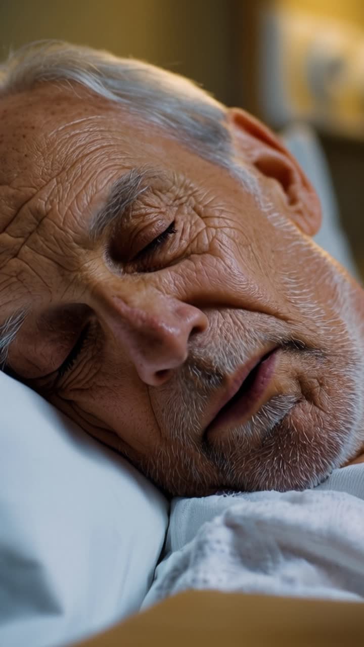 Uomo anziano dorme serenamente nel letto. Espressione calma, occhi chiusi. Una luce soffusa evidenzia i tratti delicati. Ideale per temi di riposo, recupero o assistenza agli anziani. Nessun animale o pianta presente