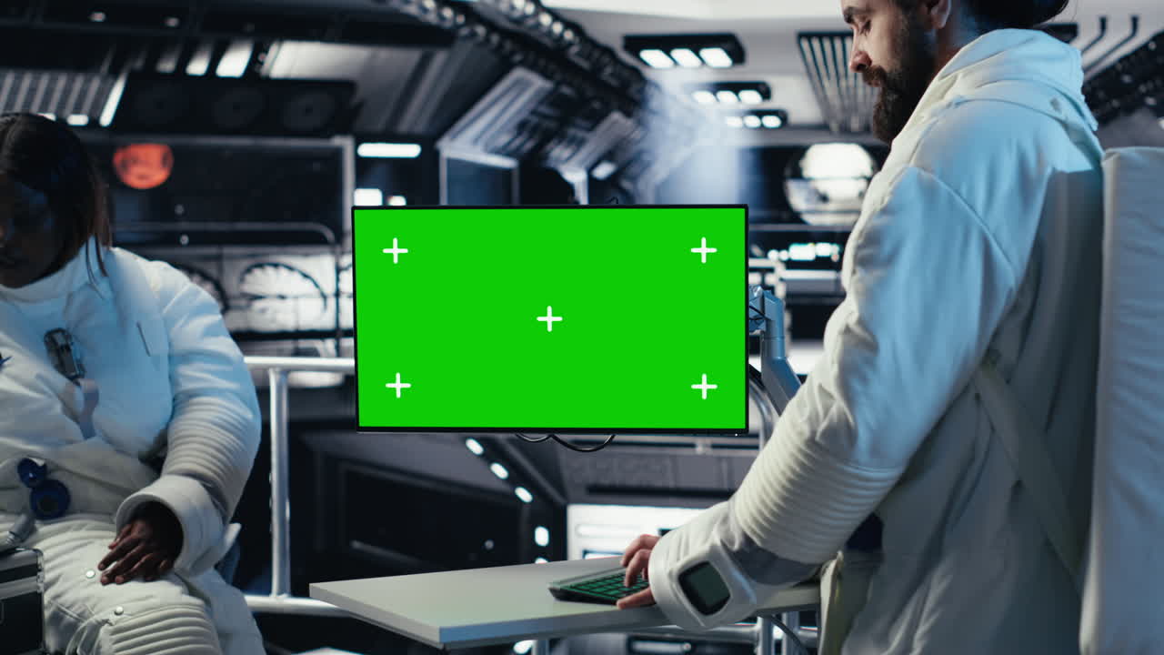 Astronauts flying together in starship, looking at isolated screen monitor