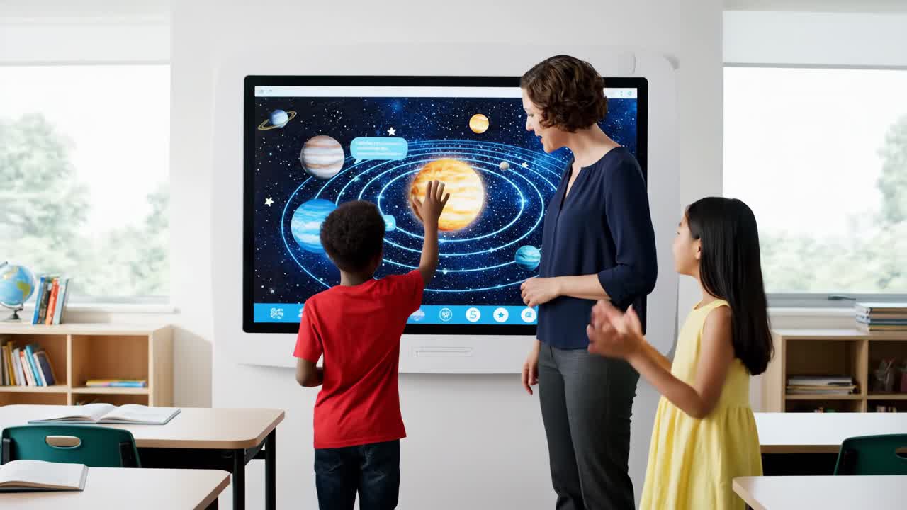 Teacher teaching children about the solar system using an interactive whiteboard