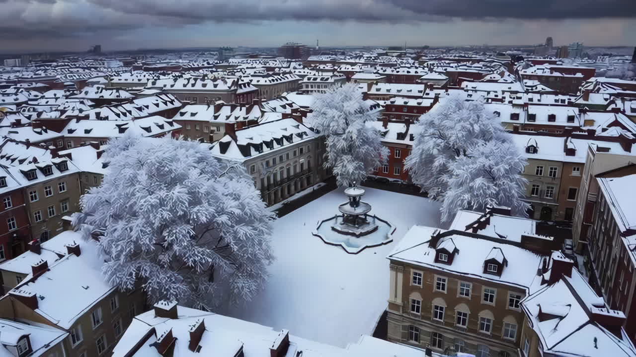 Snowy Cityscape Aerial View of a Town Square