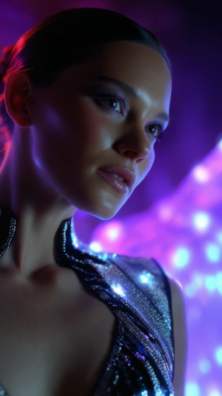 Un ritratto luminoso di una donna in un abito scintillante, circondata da luci colorate con un'aura mistica, catturato in due fotogrammi da un video.