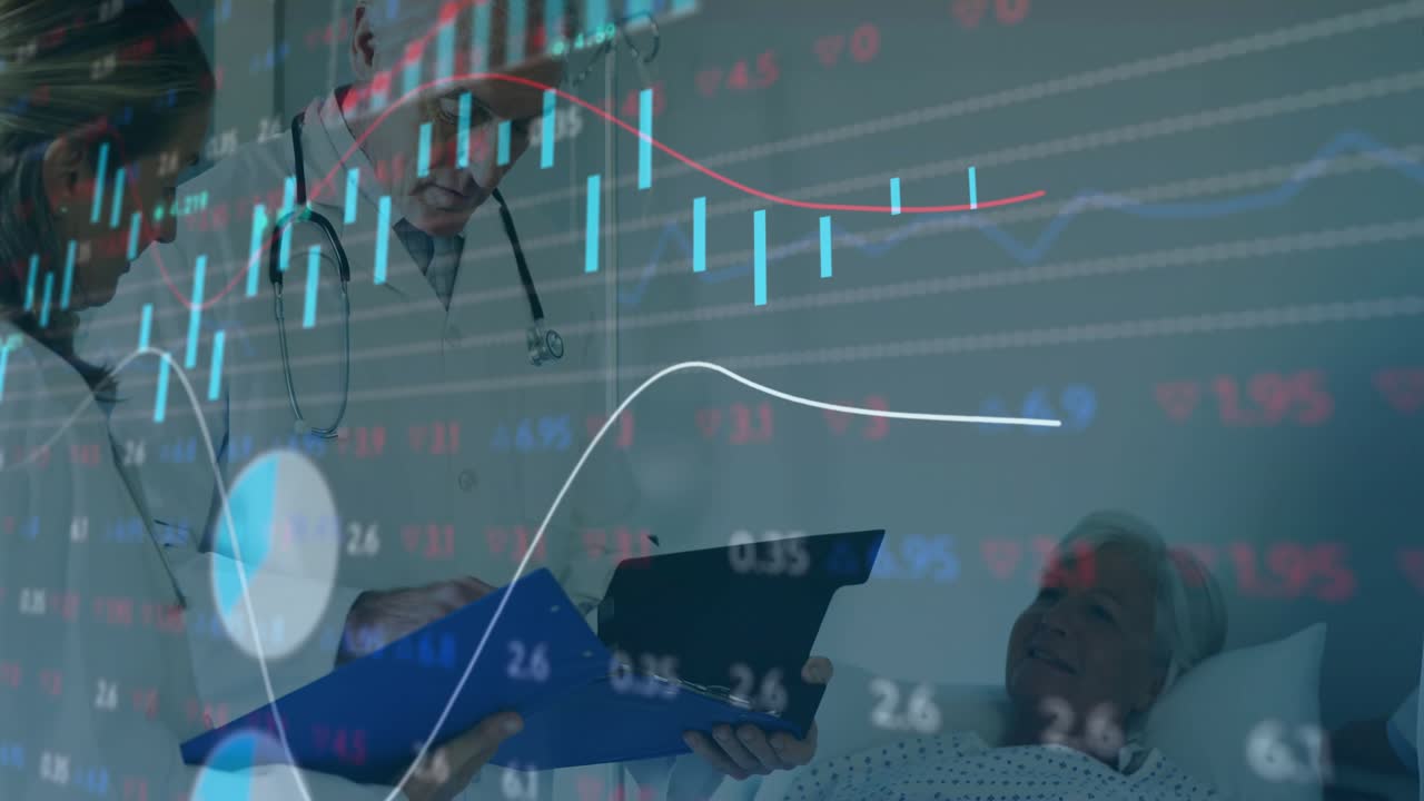 Dr entering opening blue chart and explaining status while animated medical charts overlaid bedside