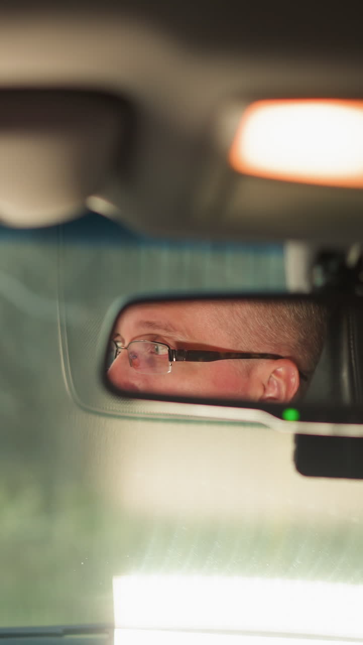 un hombre está sentado dentro de un coche, con su rostro reflejado claramente en el espejo retrovisor. su expresión está enfocada y ligeramente seria, lo que sugiere que está concentrado o profundamente pensado