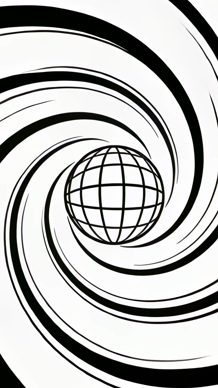 Vertical video: Loop starting strokes rotating around central grid globe on white, looping vortex
