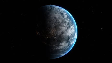sunrise and shadow on the earth rotate in space with star in universe. realistic atmosphere 3d volumetric clouds texture surface.