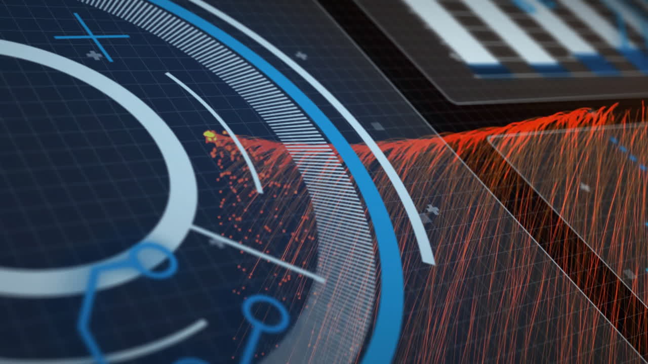 Animation of scopes and data processing over dark background