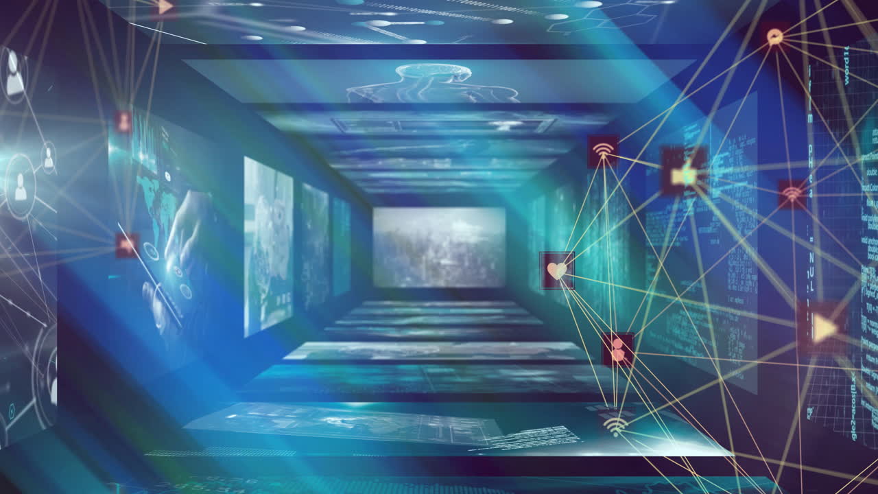 Digital network connections and data processing animation in futuristic tunnel