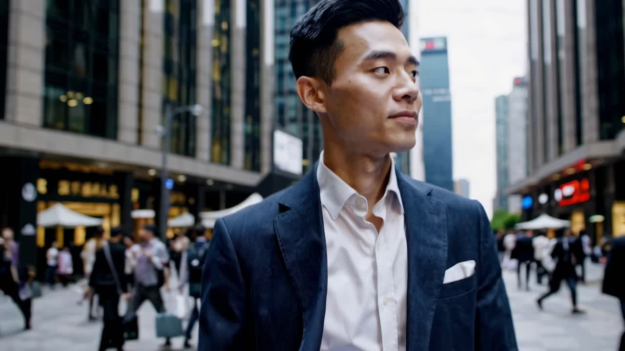 A man in a suit stands in a bustling city street, captured in a side profile from a low-angle shot