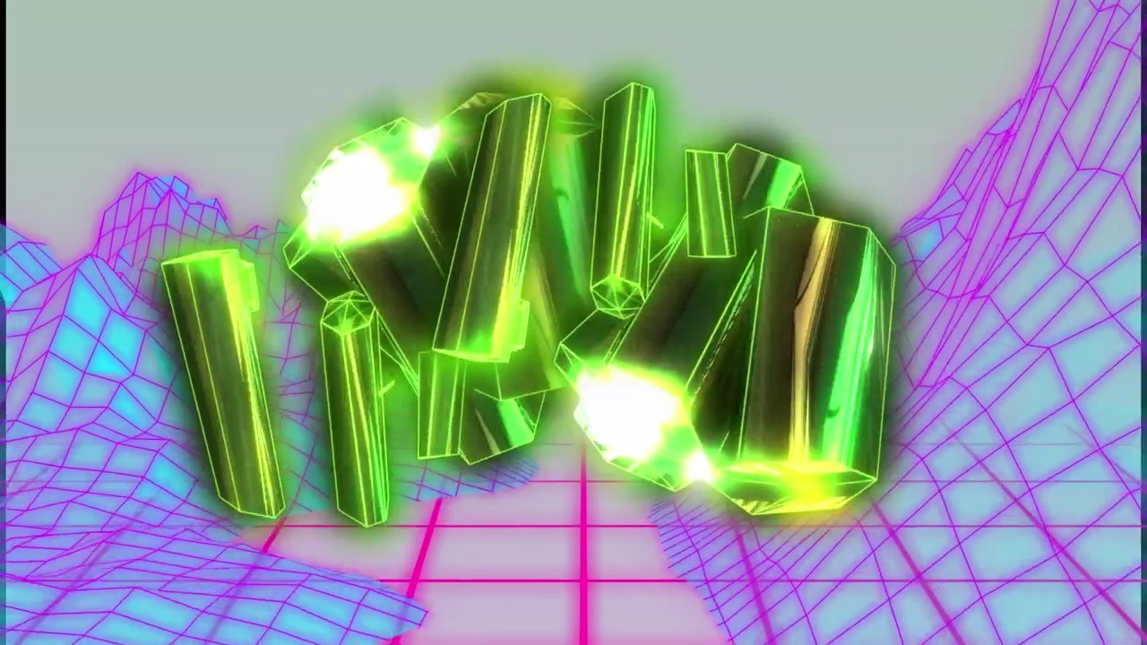 Animation of crystals moving over digital mountains