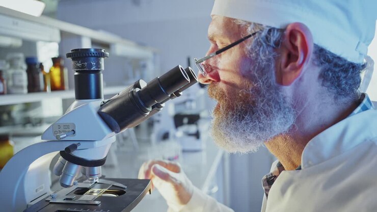 Bearded Scientist Looking Through Microscope in Laboratory